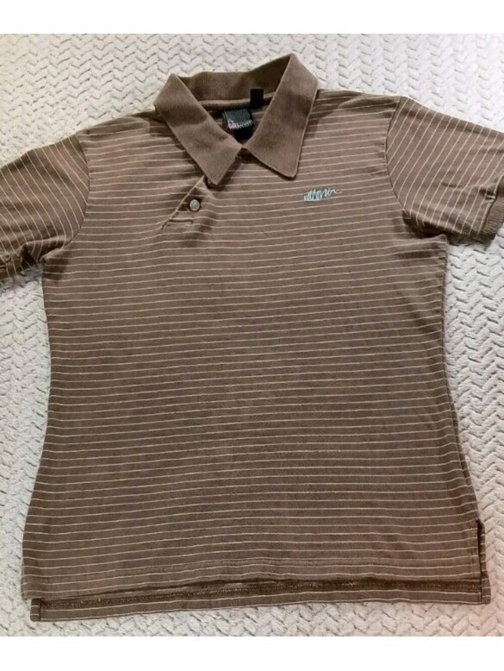 Volcom Men's Polo - Sz M - Shirt Brown White Striped Double Sided Embroider Logo